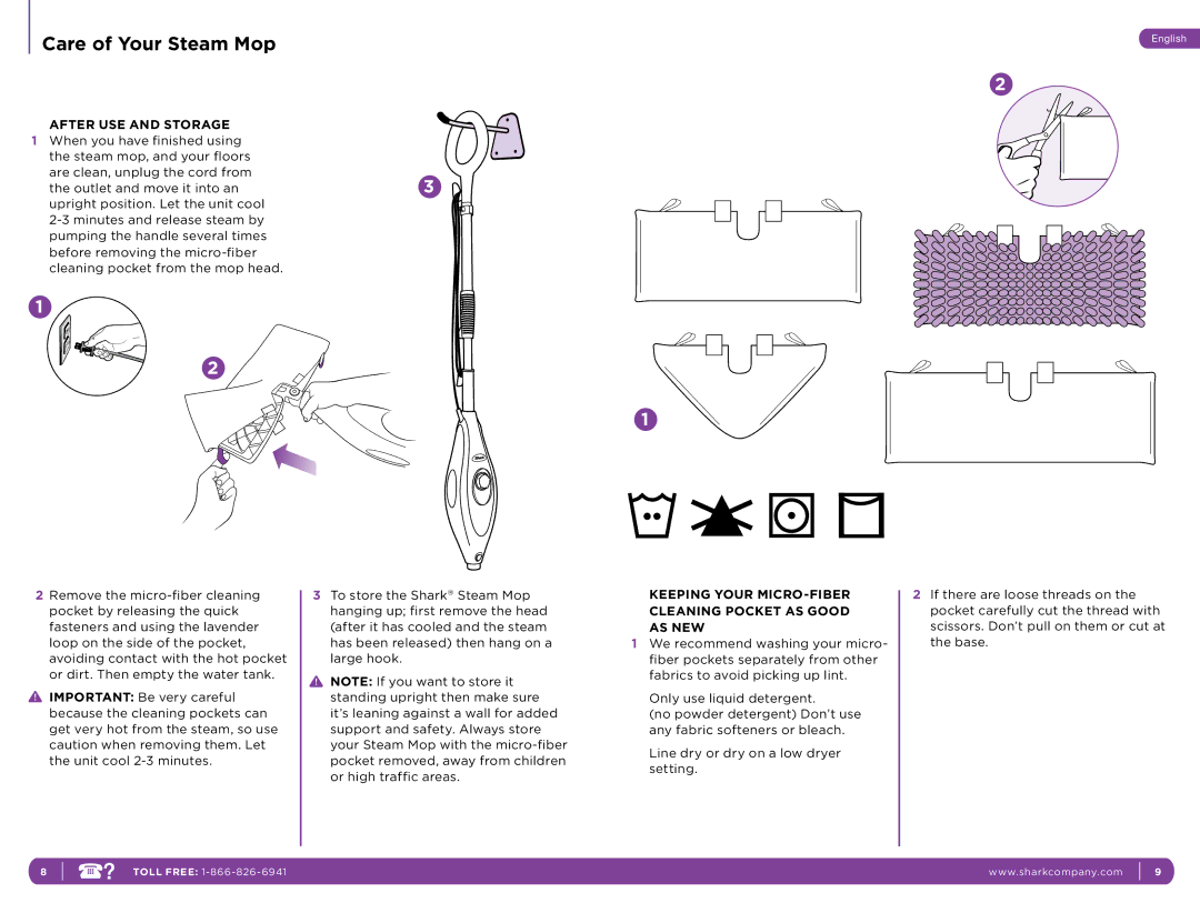 Shark S3501C manual Care of Your Steam Mop, After USE and Storage, Keeping Your MICRO-FIBER Cleaning Pocket AS Good AS NEW 