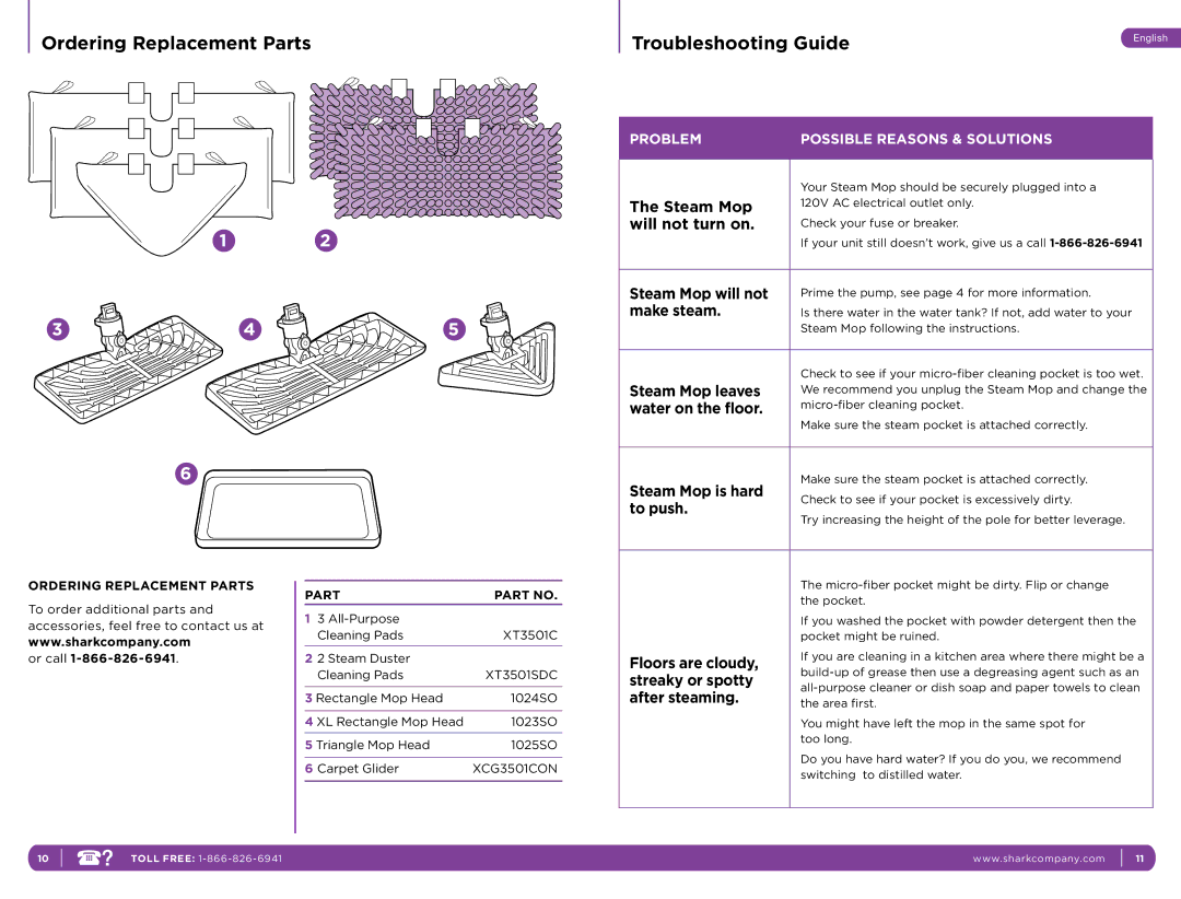 Shark S3501C manual Ordering Replacement Parts 