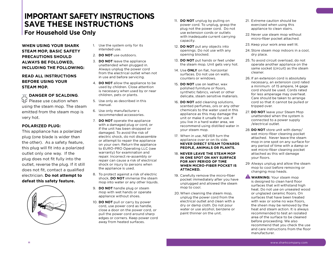 Shark S3501CO manual Important Safety Instructions Save These Instructions 