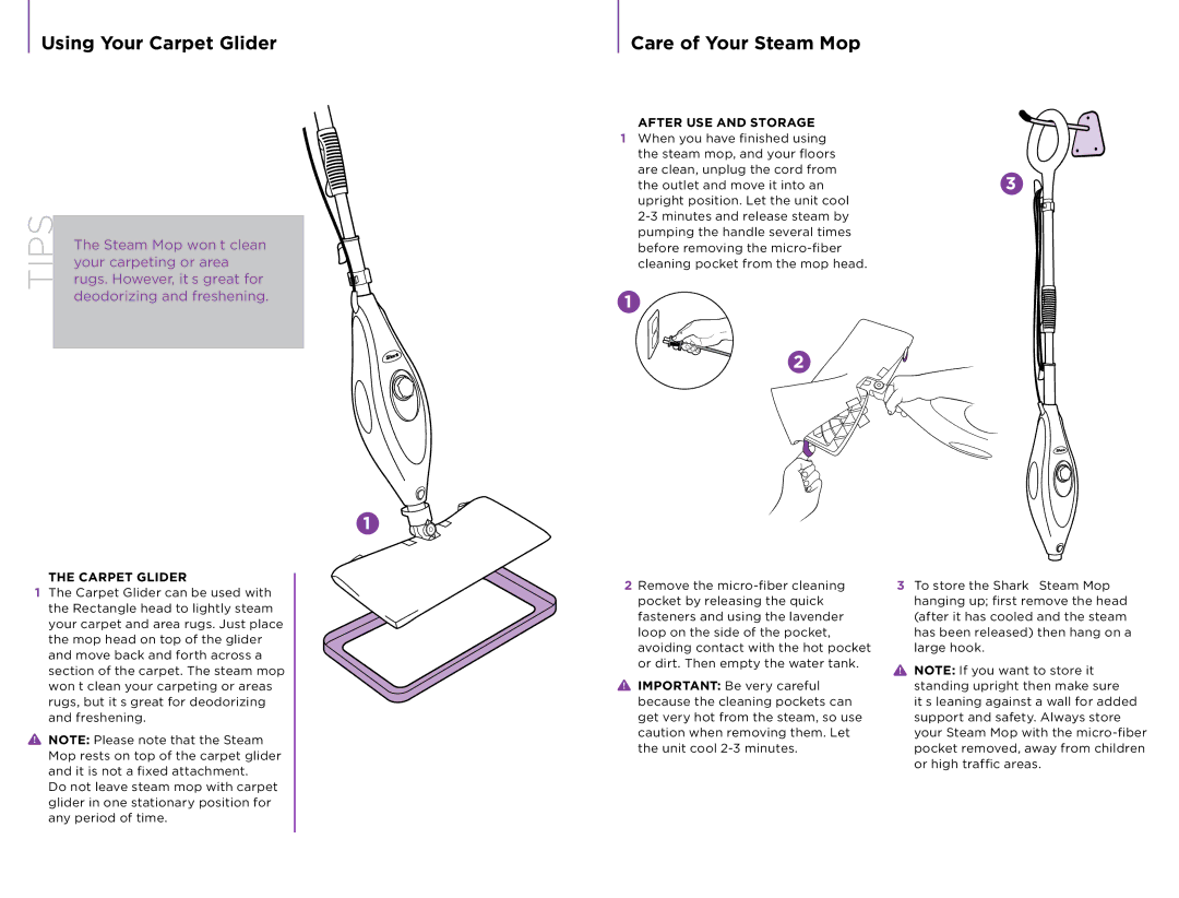 Shark S3501CO manual Using Your Carpet Glider, Care of Your Steam Mop, After USE and Storage 