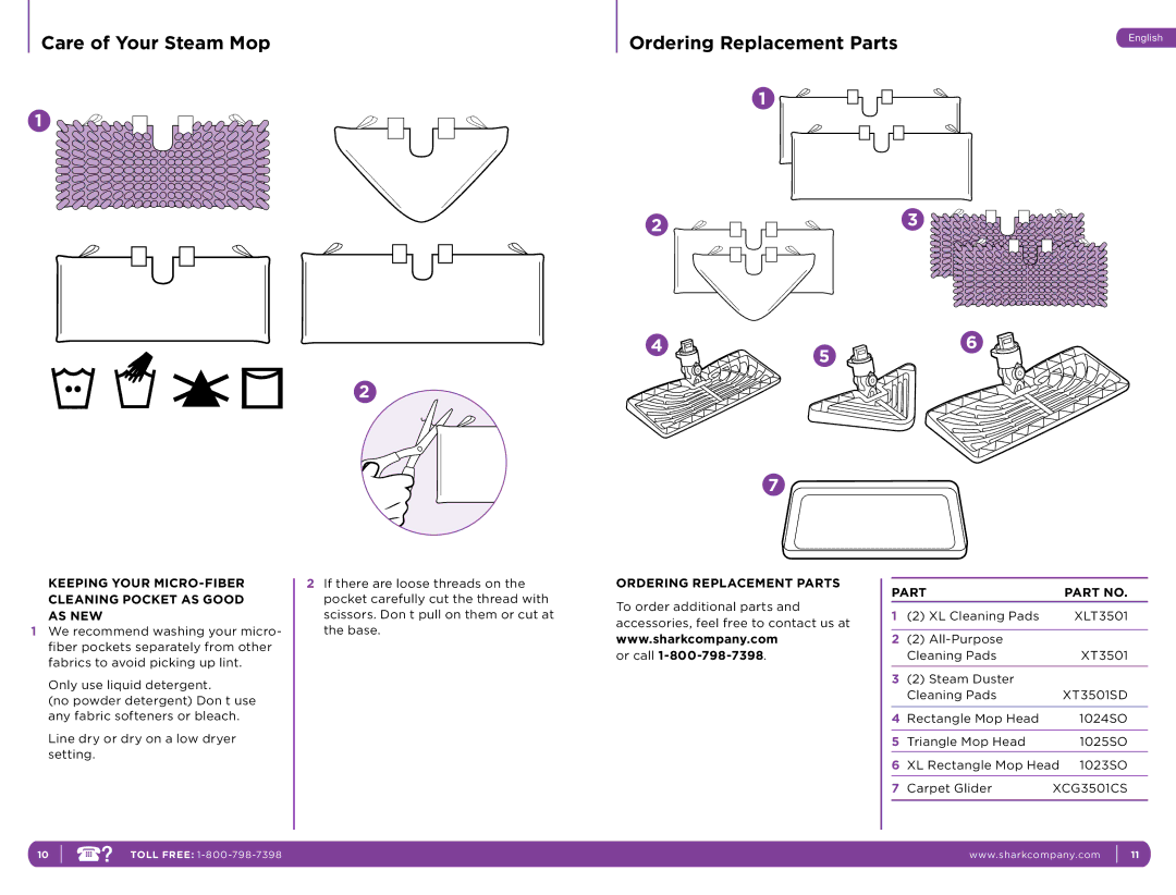 Shark S3501CO Care of Your Steam Mop Ordering Replacement Parts, Keeping Your MICRO-FIBER Cleaning Pocket AS Good AS NEW 