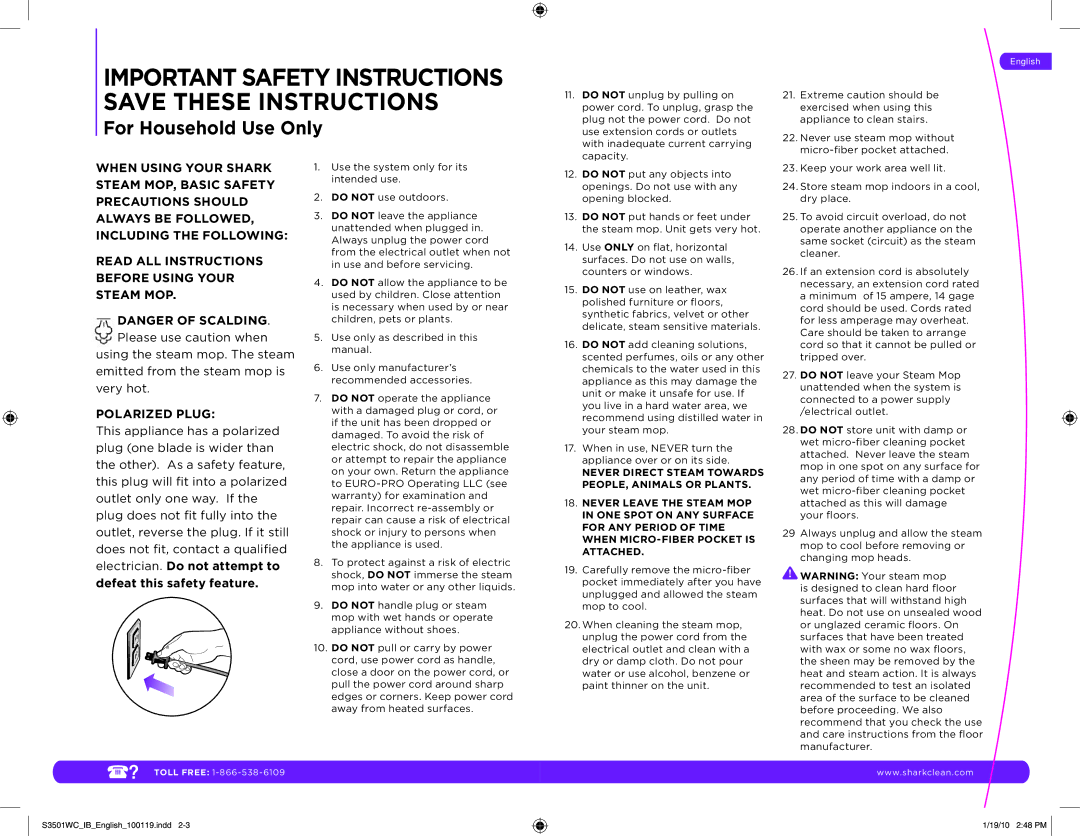 Shark S3501WC manual Important Safety Instructions Save These Instructions 