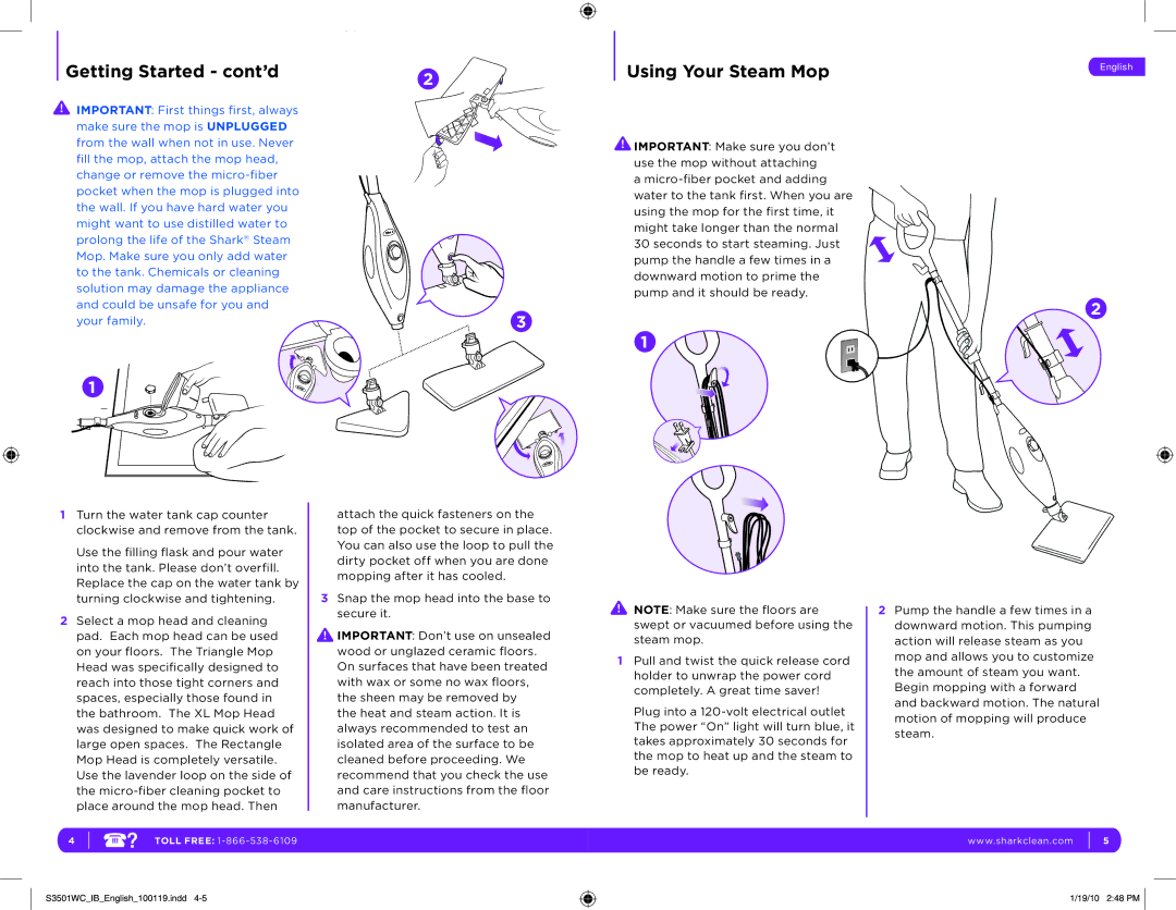 Shark S3501WC manual Getting Started cont’d, Using Your Steam Mop 