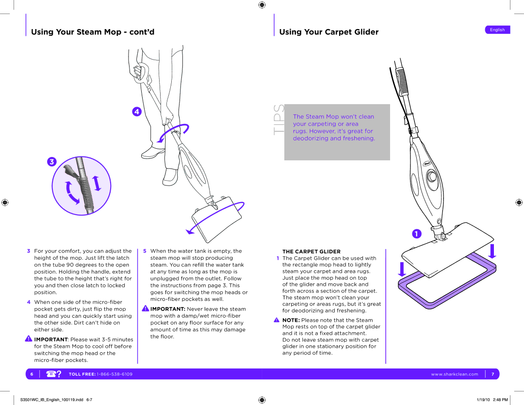 Shark S3501WC manual Using Your Steam Mop cont’d, Using Your Carpet Glider 