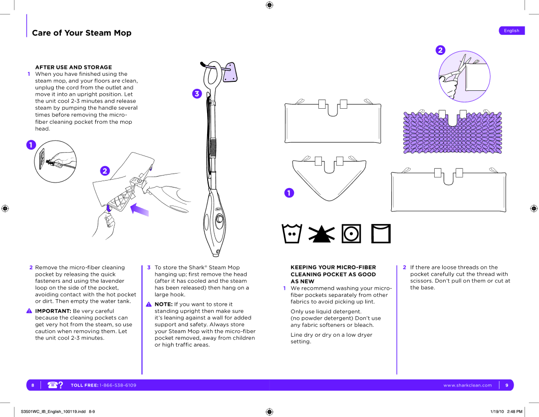 Shark S3501WC manual Care of Your Steam Mop, After USE and Storage, Keeping Your MICRO-FIBER Cleaning Pocket AS Good AS NEW 