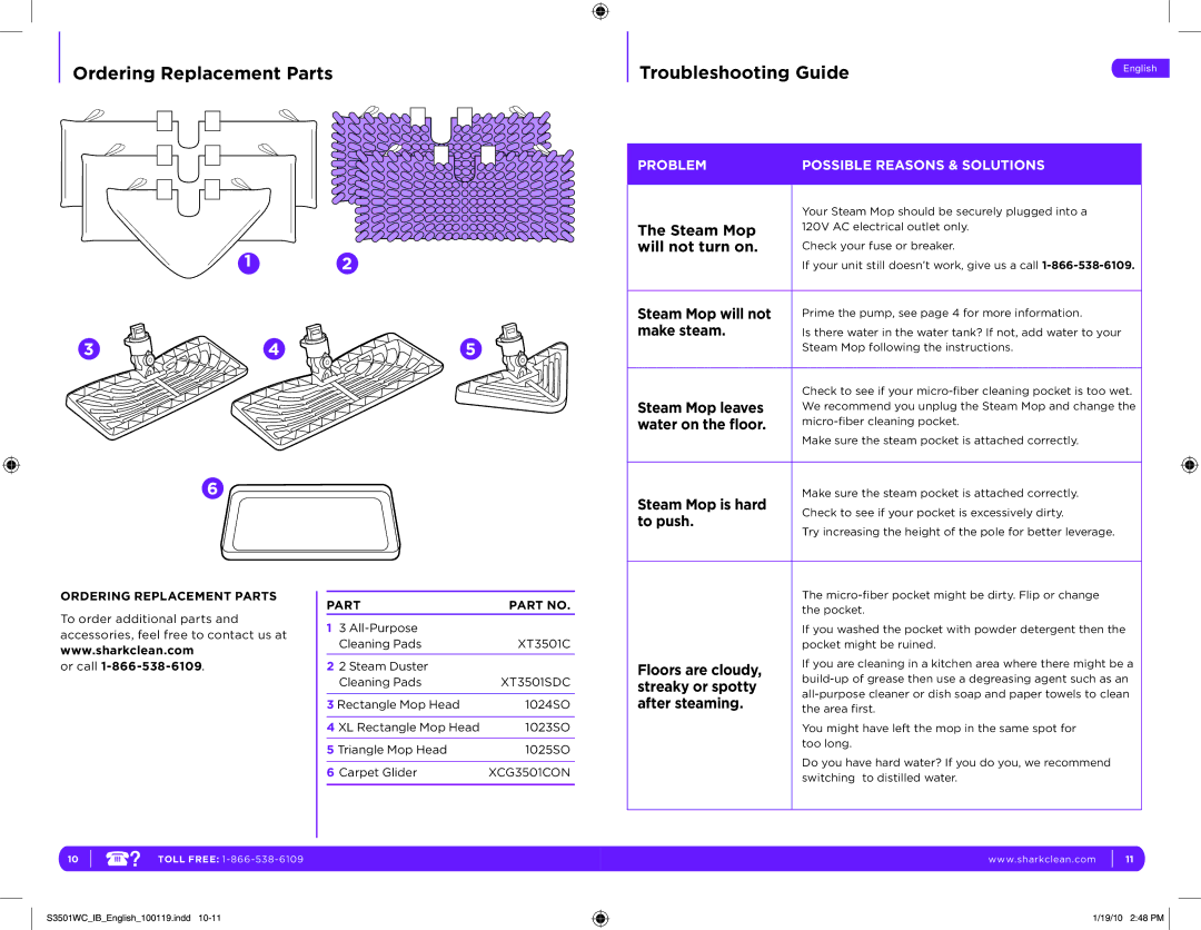 Shark S3501WC manual Ordering Replacement Parts, Troubleshooting Guide 