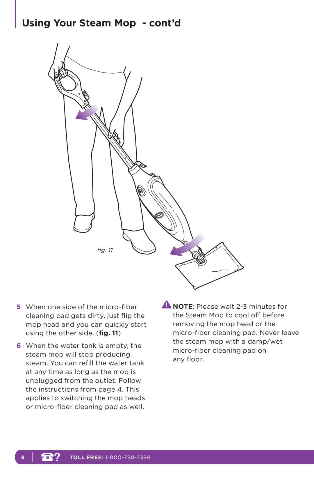 Shark S3601 manual Using Your Steam Mop cont’d 