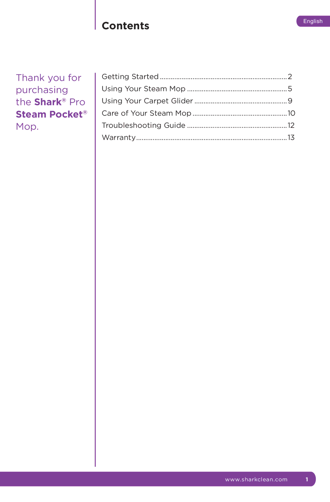 Shark S3601 manual Contents 