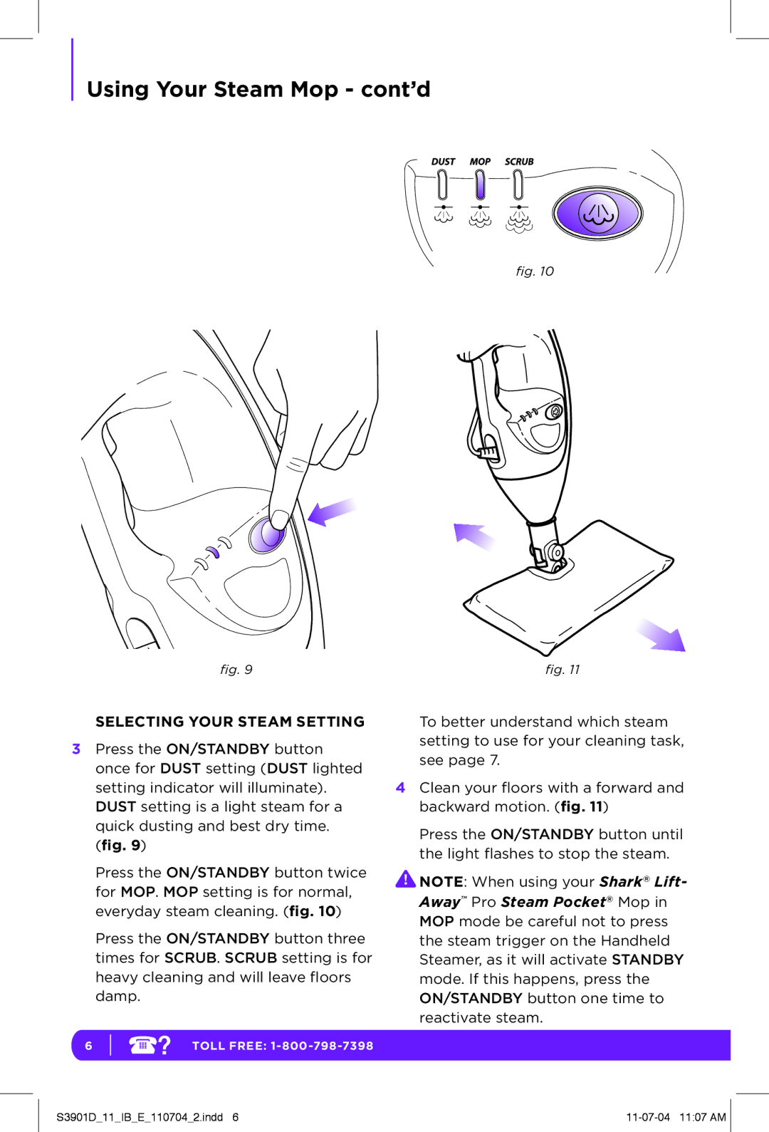 Shark S3901D manual Using Your Steam Mop cont’d, Selecting Your Steam Setting 