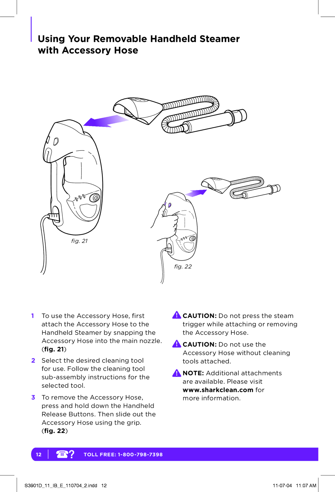 Shark S3901D manual Using Your Removable Handheld Steamer with Accessory Hose 