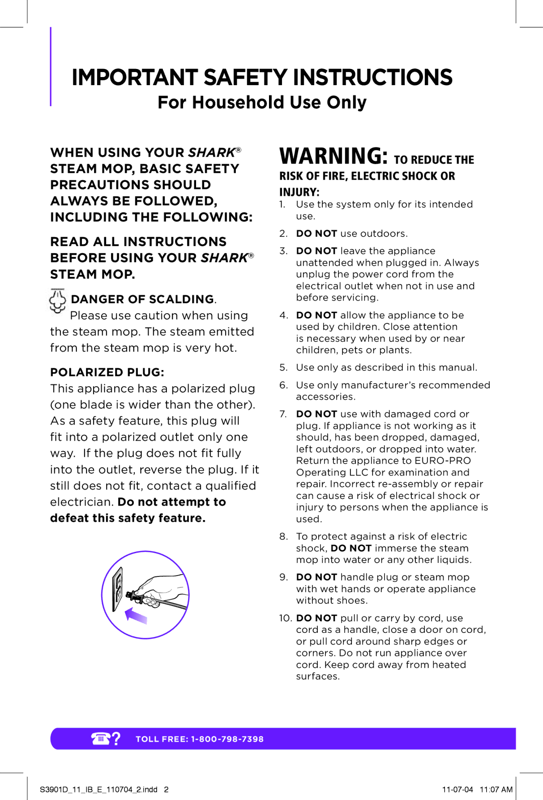 Shark S3901D manual Important Safety Instructions 