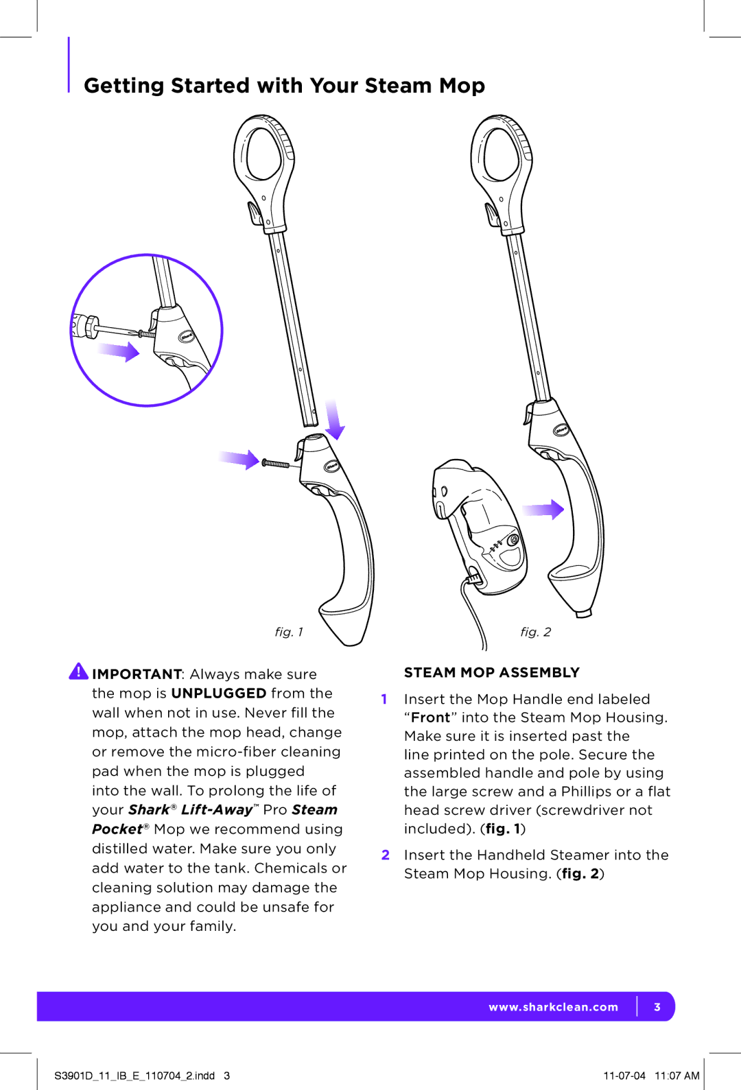 Shark S3901D manual Getting Started with Your Steam Mop, Steam MOP Assembly 