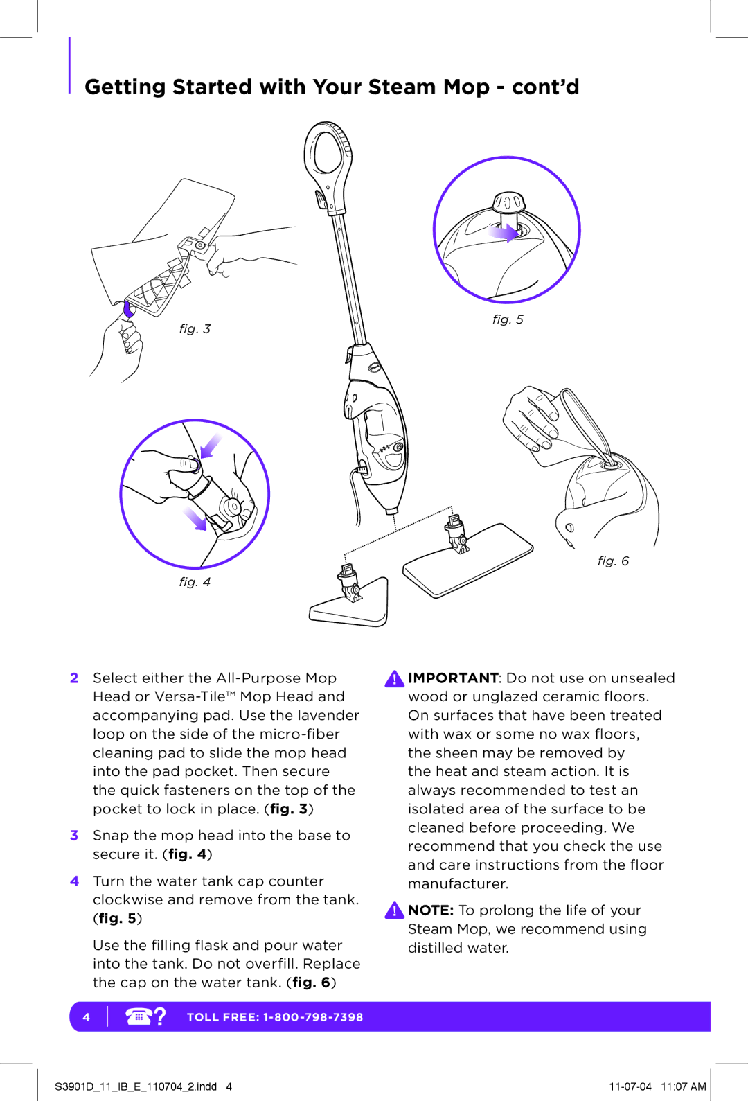 Shark S3901D manual Getting Started with Your Steam Mop cont’d 