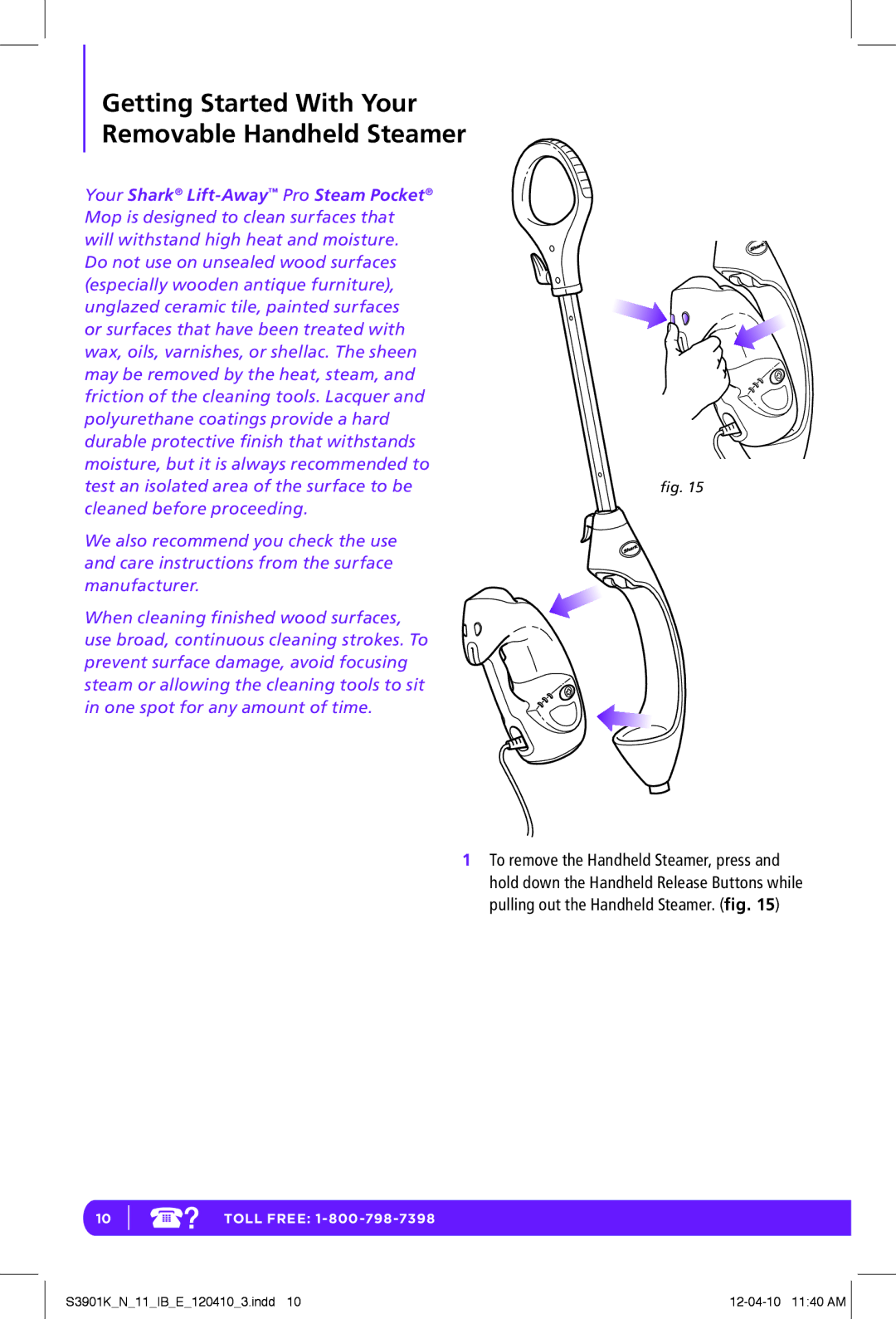 Shark S3901K N manual Getting Started With Your Removable Handheld Steamer, Your Shark Lift-AwayPro Steam Pocket 