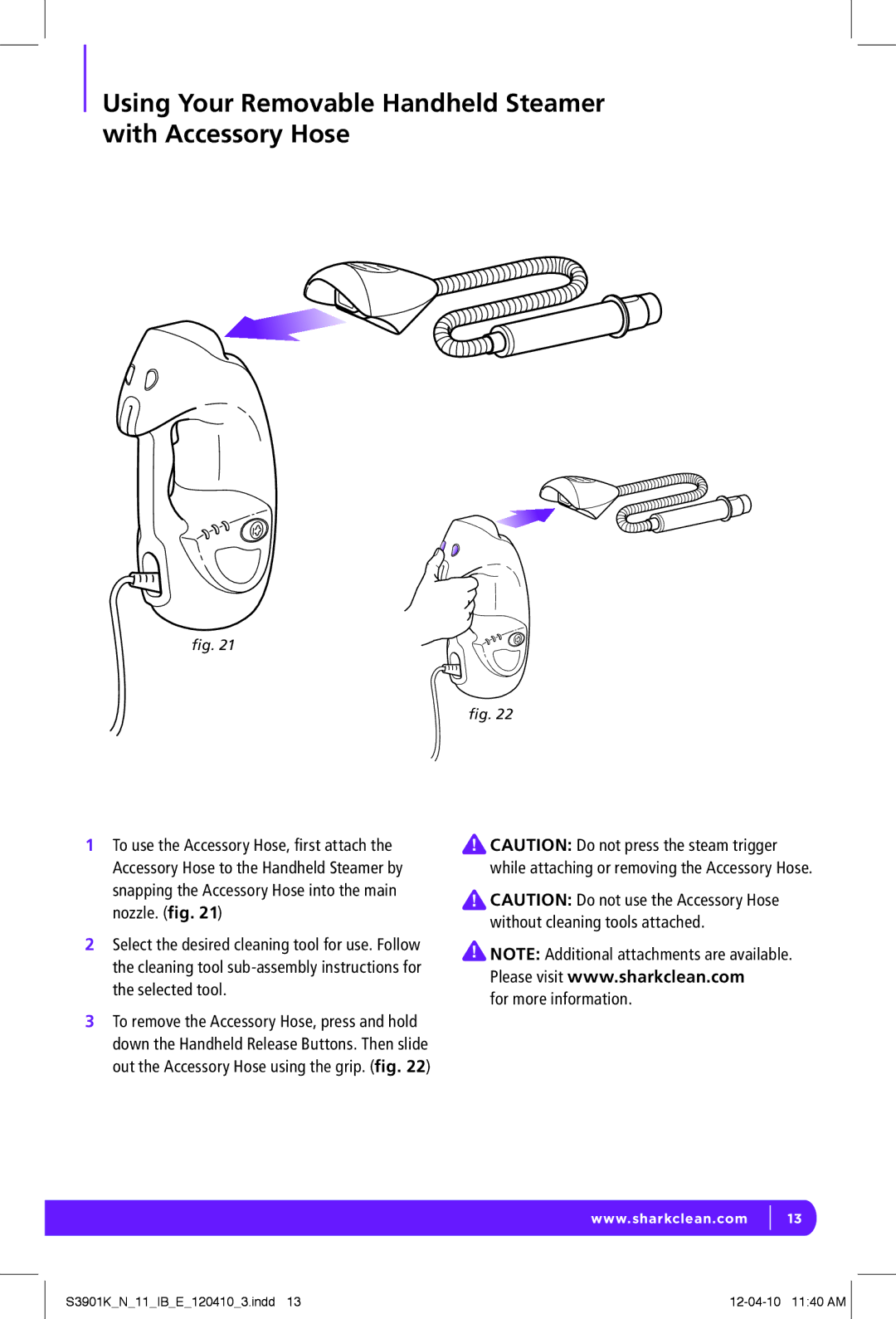 Shark S3901K N manual Using Your Removable Handheld Steamer with Accessory Hose, For more information 