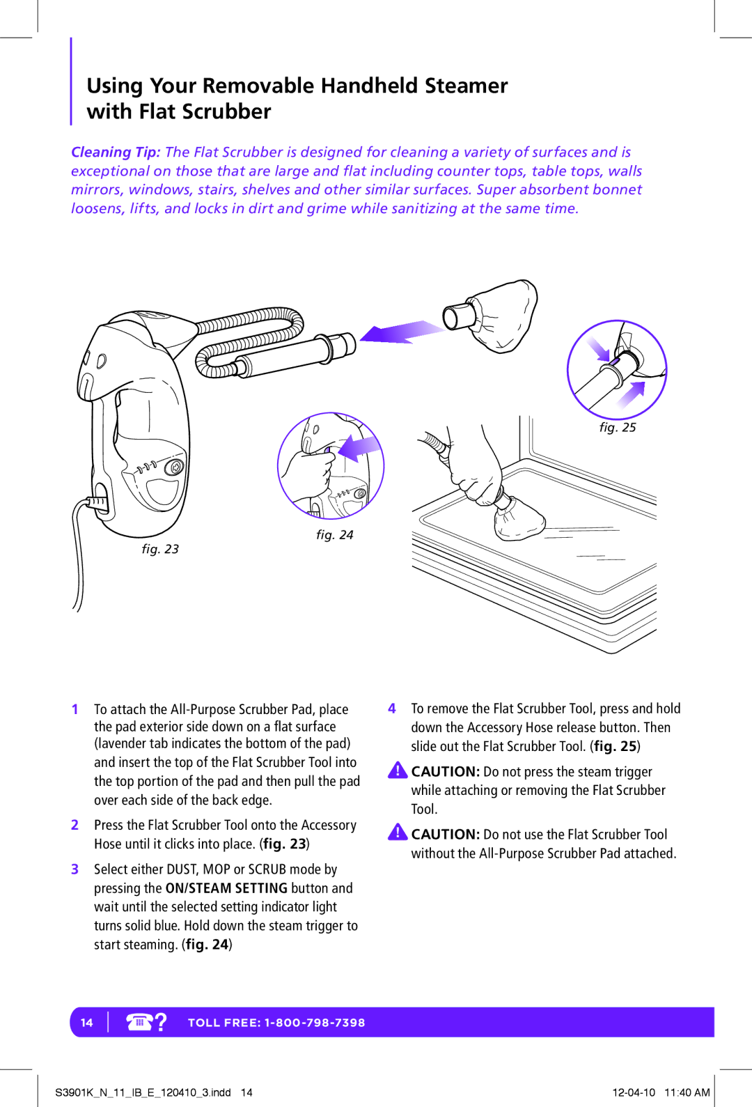 Shark S3901K N manual Using Your Removable Handheld Steamer with Flat Scrubber 