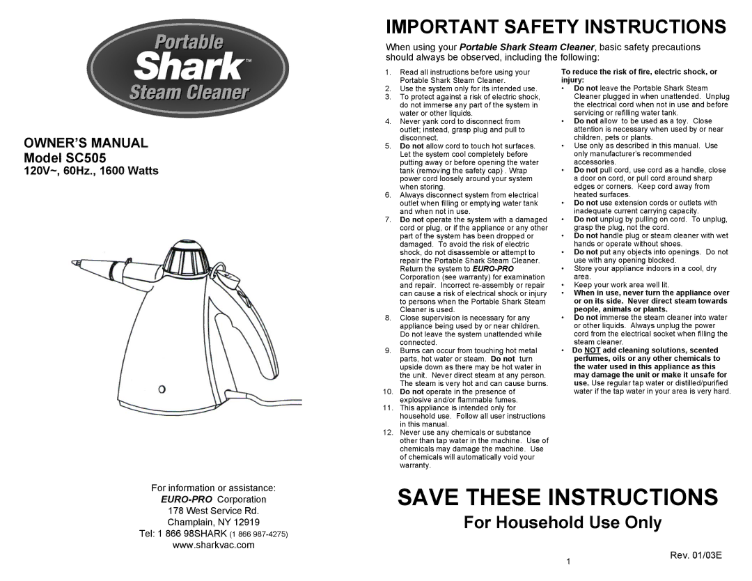 Shark SC505 important safety instructions Important Safety Instructions, 120V~, 60Hz., 1600 Watts 