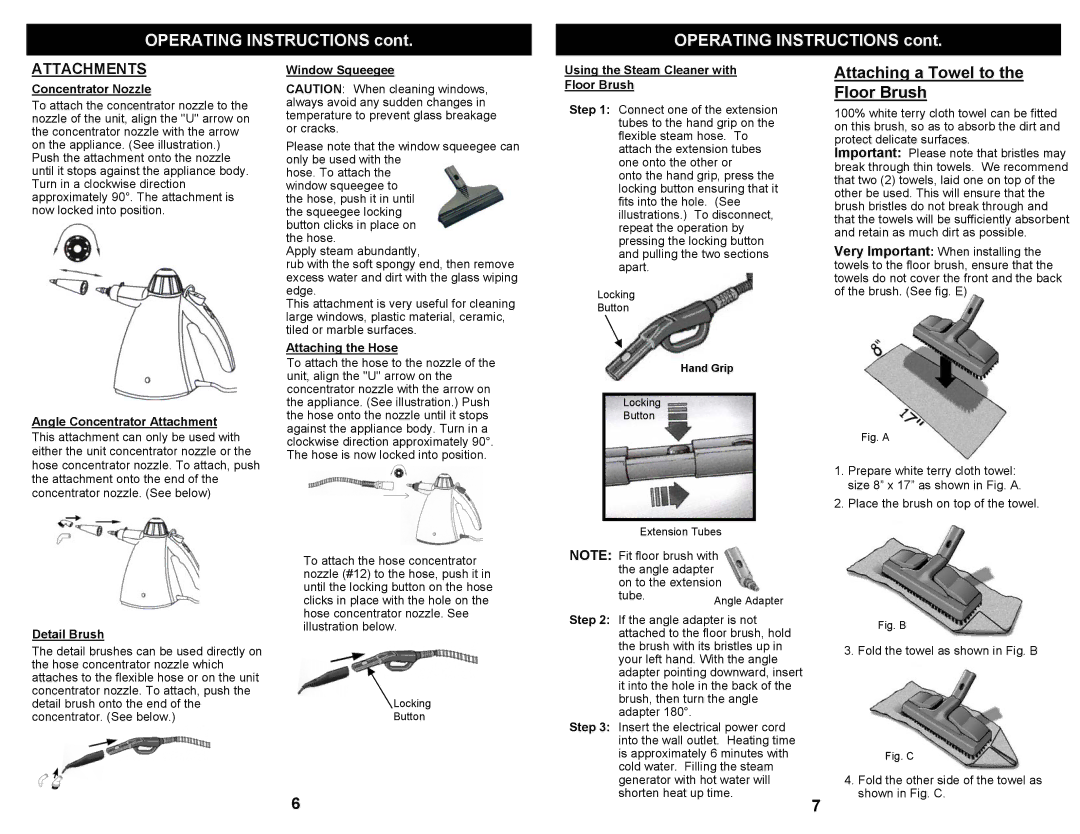 Shark SC505 important safety instructions Operating Instructions, Attaching a Towel to, Floor Brush 