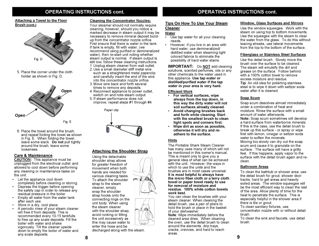 Shark SC505 Cleaning the Concentrator Nozzles, Water, Fiberglass or Stainless Steel Surfaces, Soap Scum, Bathroom Areas 