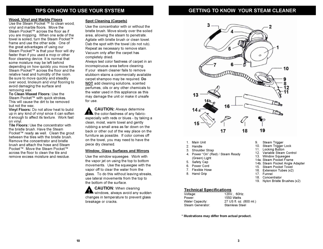 Shark SC507 owner manual 14b, Technical Specifications, Wood, Vinyl and Marble Floors, Spot Cleaning Carpets 