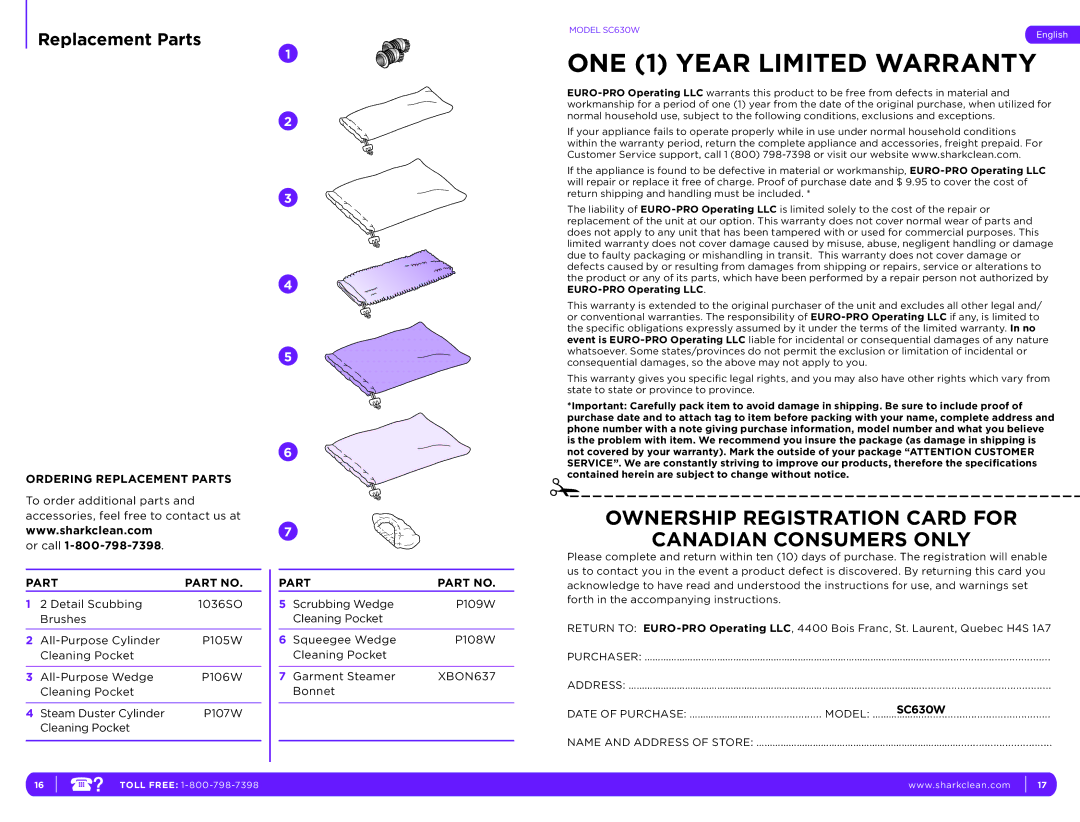 Shark SC630W manual Ordering Replacement Parts 