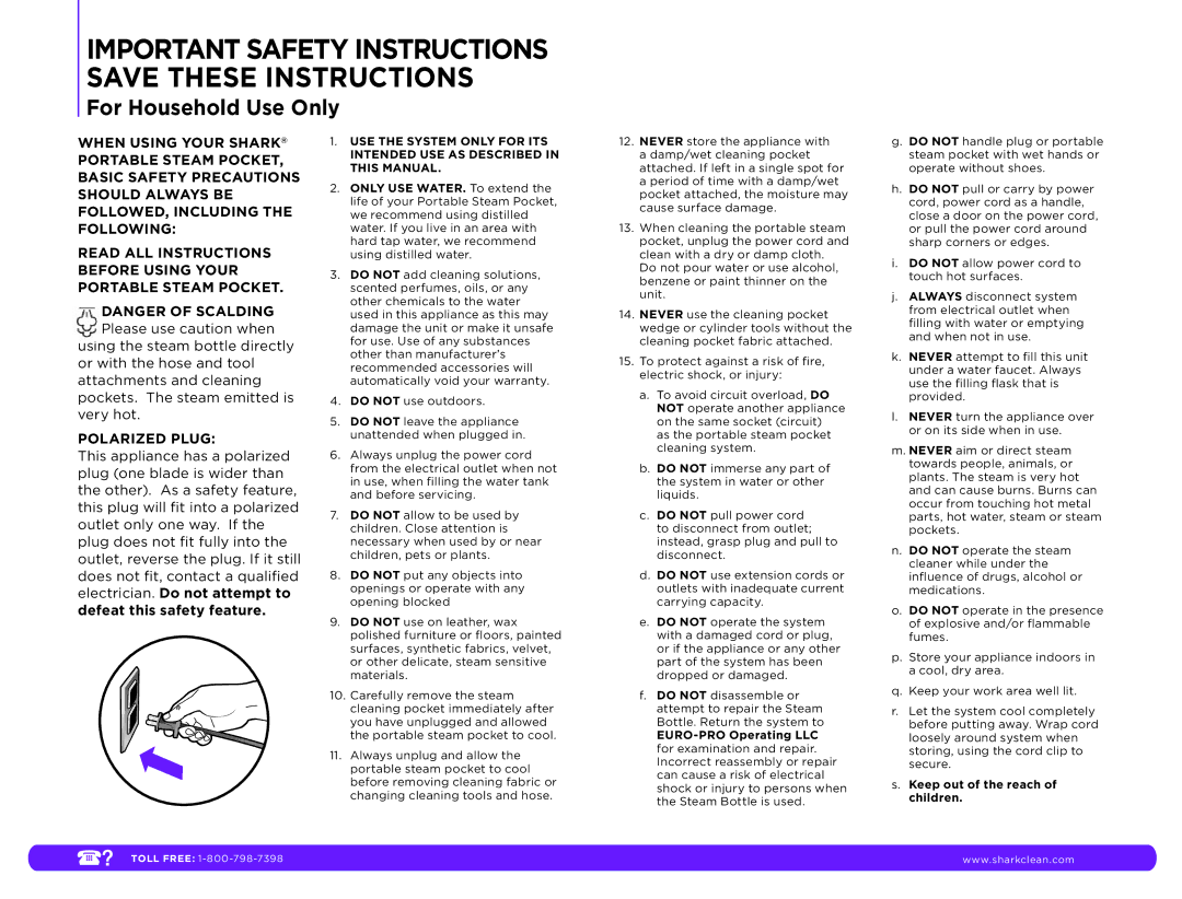 Shark SC630W manual Important Safety Instructions Save These Instructions 