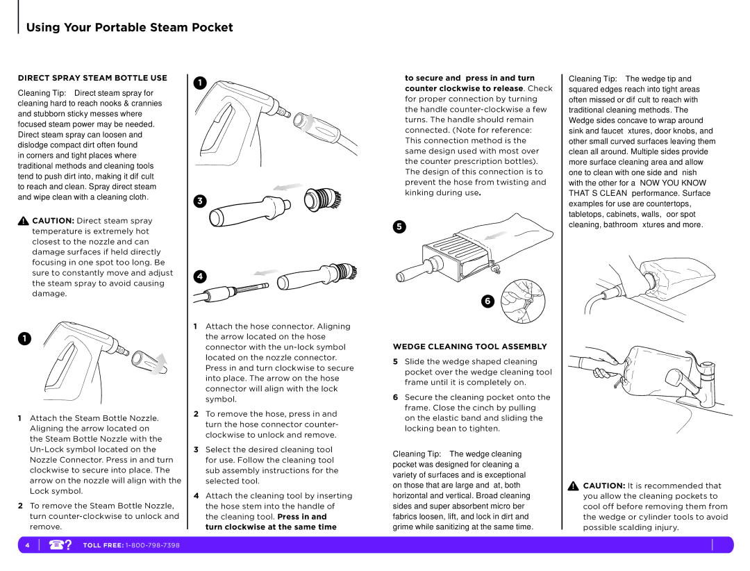 Shark SC630W manual Using Your Portable Steam Pocket, Direct Spray Steam Bottle USE, Wedge Cleaning Tool Assembly 