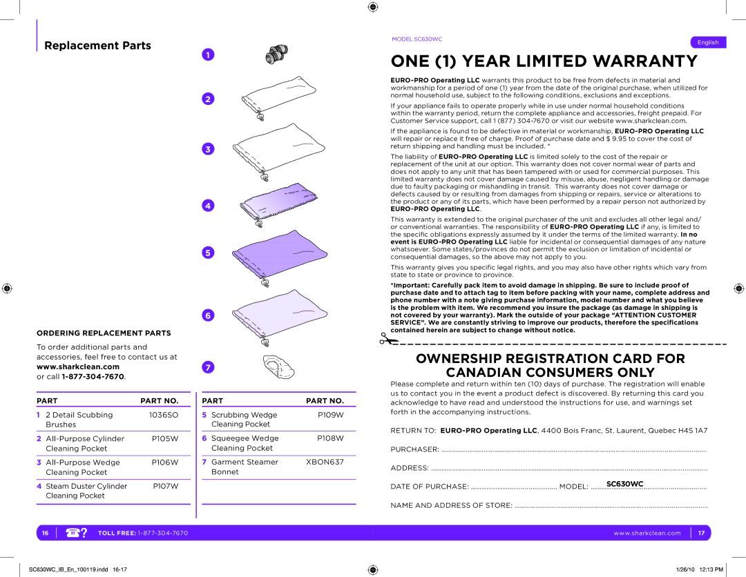 Shark SC630WC manual Ordering Replacement Parts 