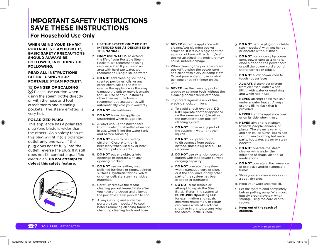 Shark SC630WC manual Important Safety Instructions Save These Instructions 