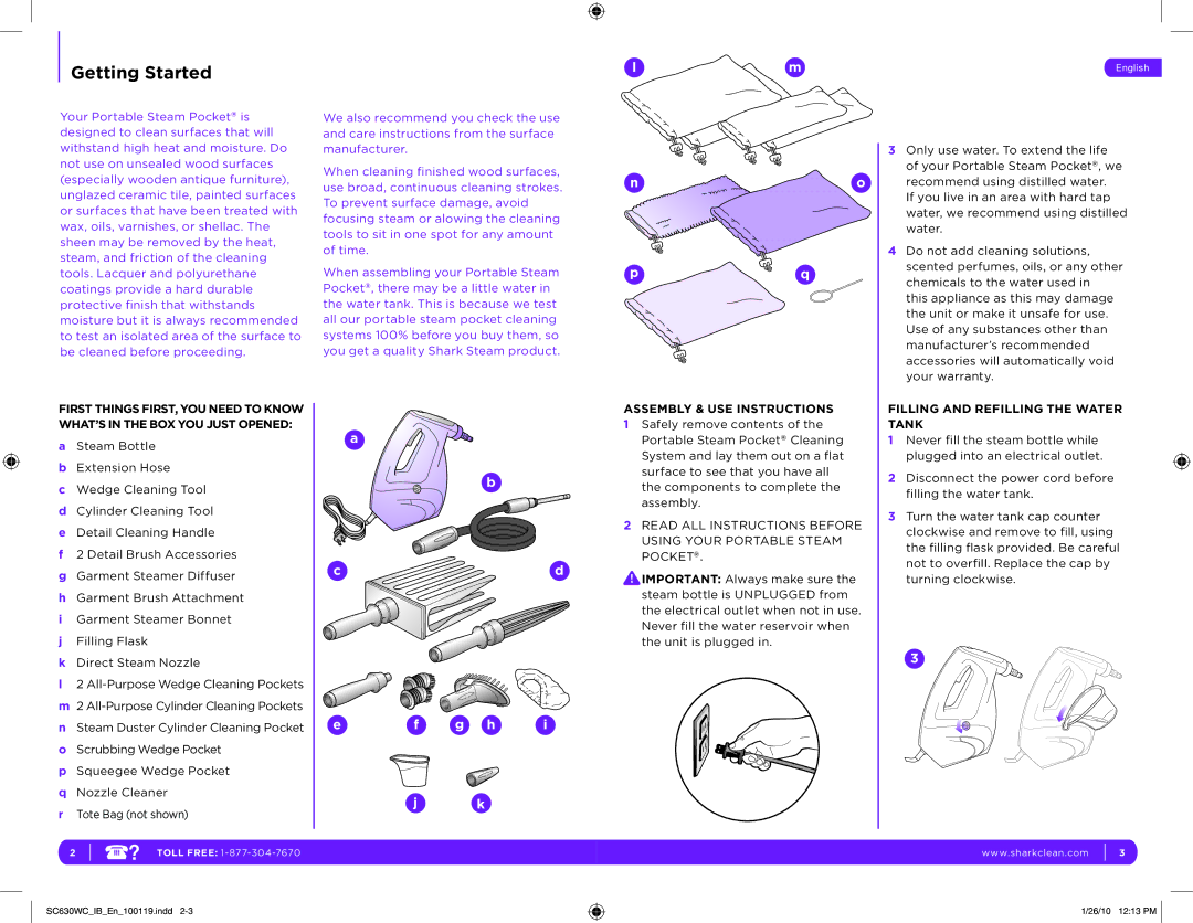 Shark SC630WC manual Getting Started, Assembly & USE Instructions, Filling and Refilling the Water Tank 