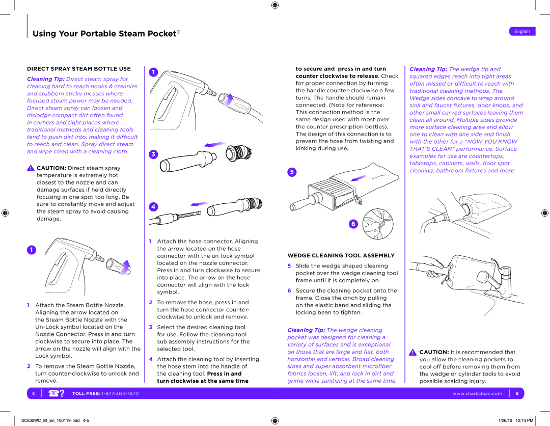 Shark SC630WC manual Using Your Portable Steam Pocket, Direct Spray Steam Bottle USE, Wedge Cleaning Tool Assembly 