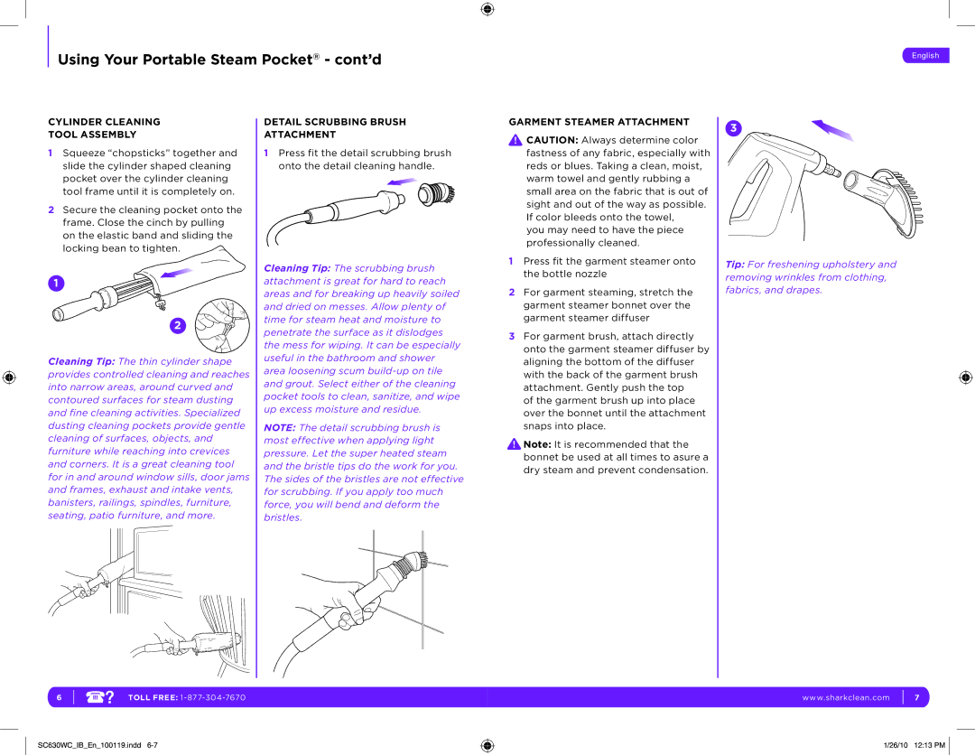 Shark SC630WC Using Your Portable Steam Pocket cont’d, Cylinder Cleaning Tool Assembly, Detail Scrubbing Brush Attachment 