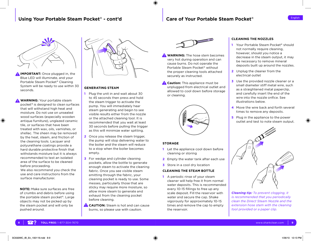 Shark SC630WC manual Cleaning the Nozzles, Generating Steam, Storage, Cleaning the Steam Bottle 