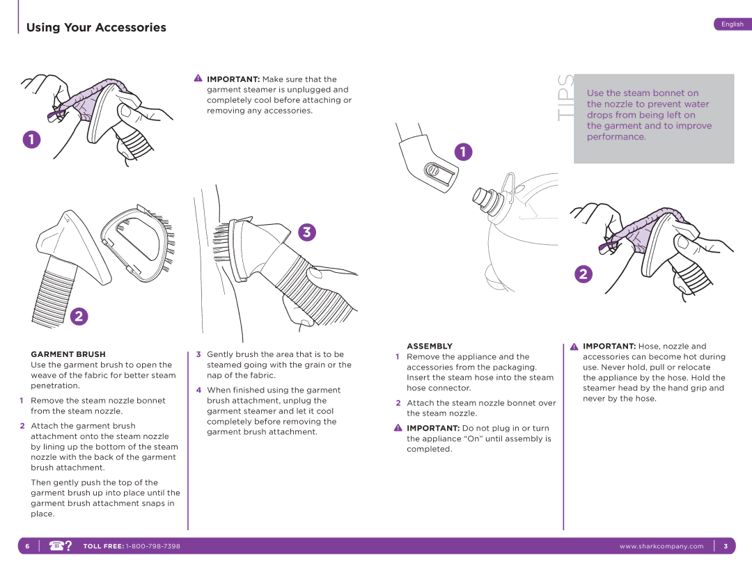 Shark SC637C manual Using Your Accessories, Assembly, Garment Brush 