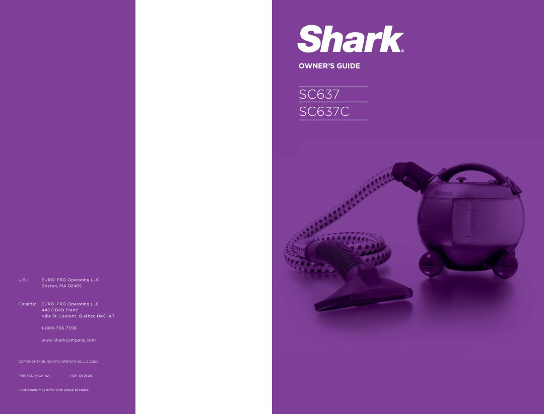 Shark manual SC637 SC637C, Owner’S Guide, EURO-PROOperating LLC, Boston, MA, Copyright Euro-Prooperating Llc, Rev 
