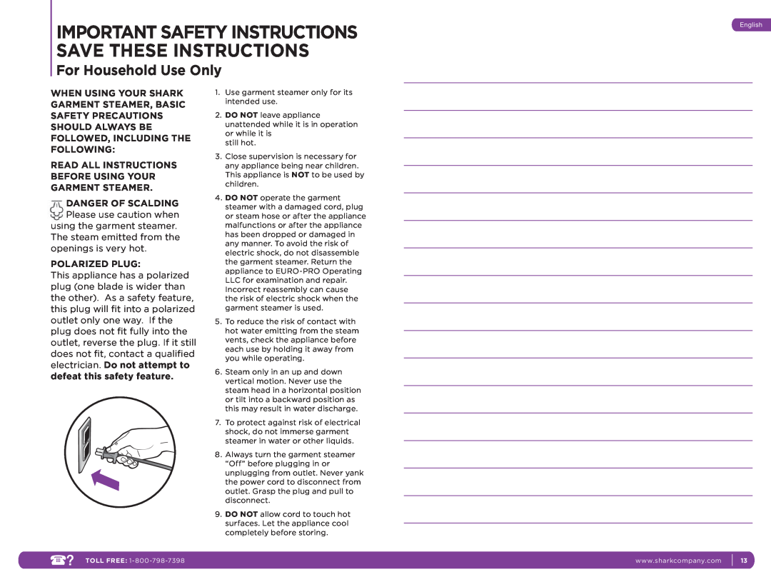 Shark SC637C manual For Household Use Only, Danger Of Scalding, Polarized Plug 