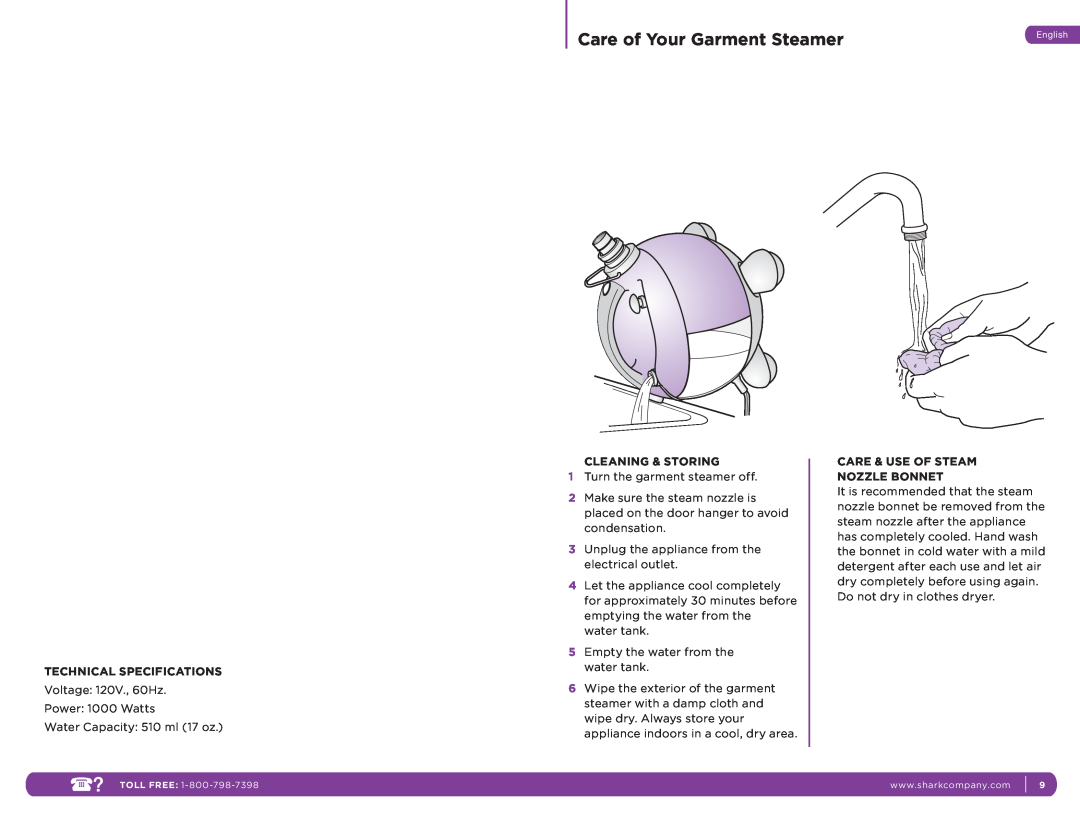 Shark SC637 Care of Your Garment Steamer, Technical Specifications, Cleaning & Storing, Care & Use Of Steam Nozzle Bonnet 