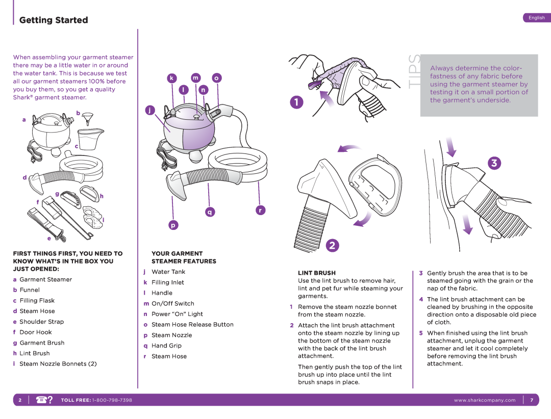 Shark SC637C manual Getting Started, j qr p, b a c d, k m o, Your Garment Steamer Features, Lint Brush 