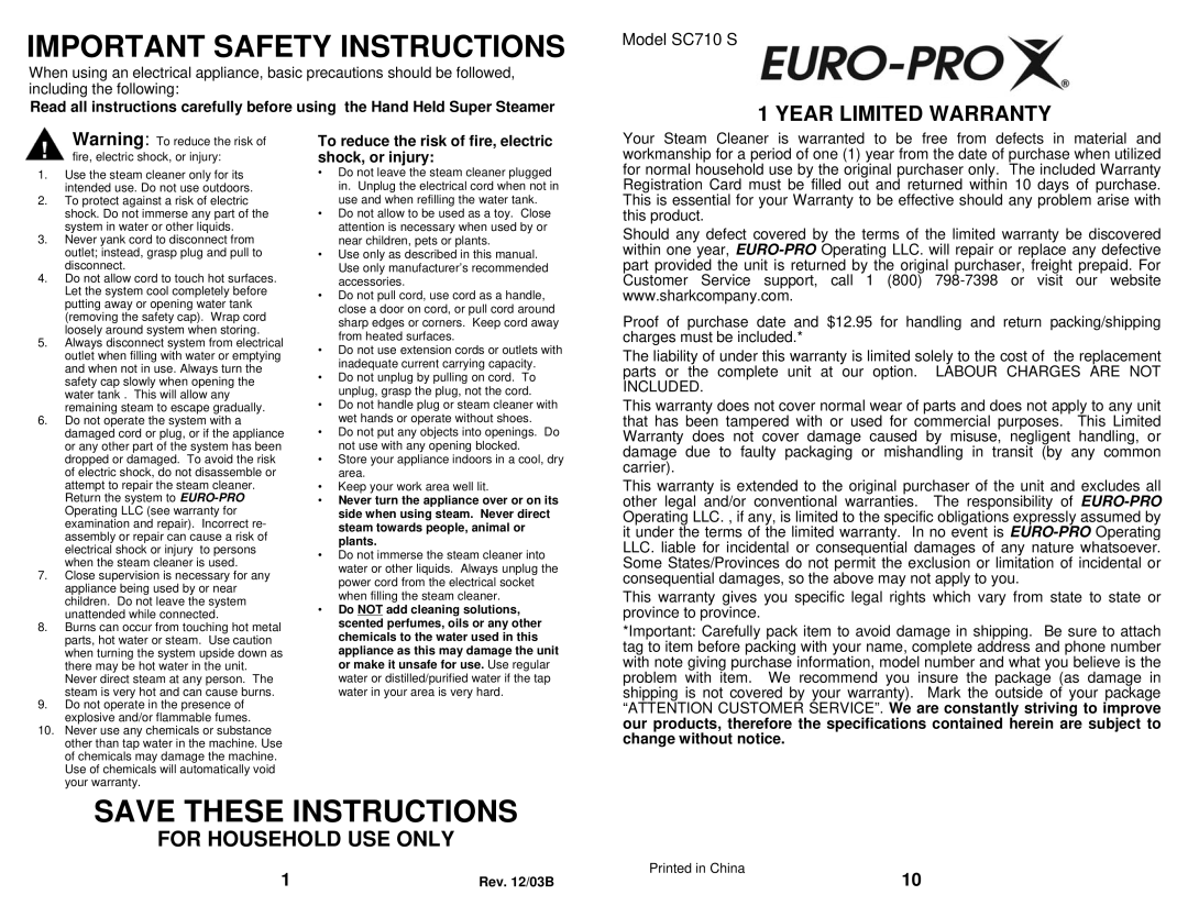 Shark SC710 S owner manual To reduce the risk of fire, electric shock, or injury, Rev /03B 