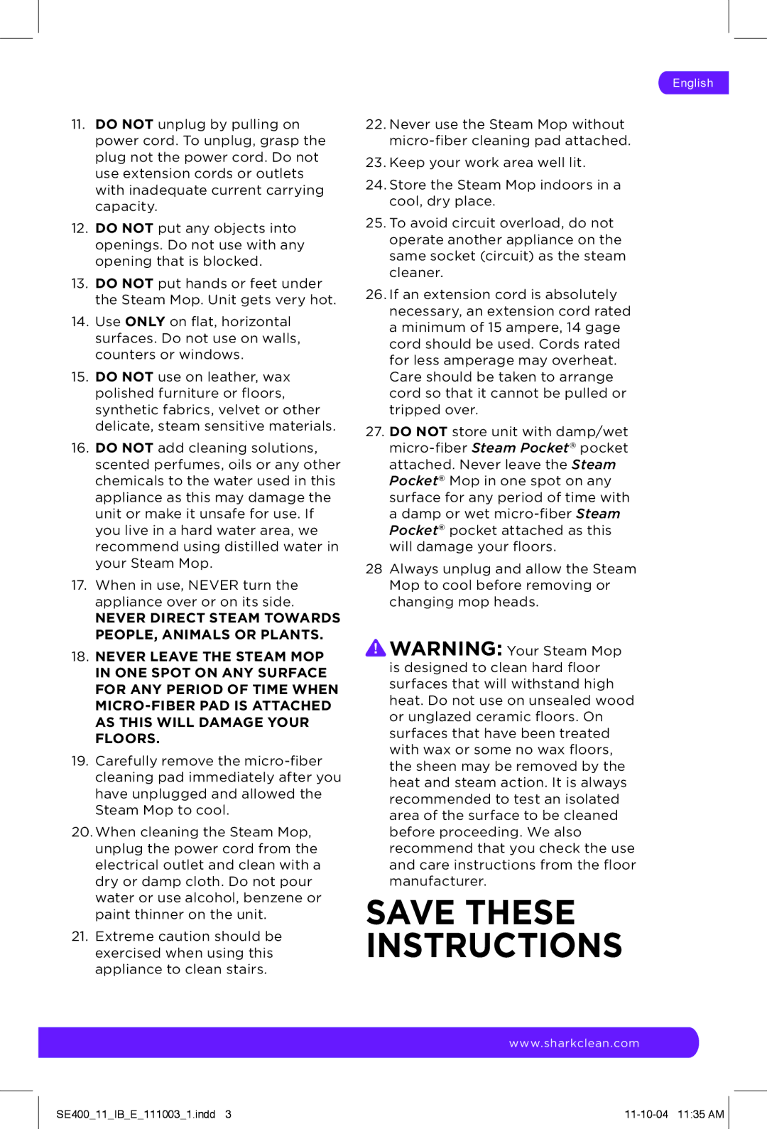 Shark SE400 manual Save These Instructions 