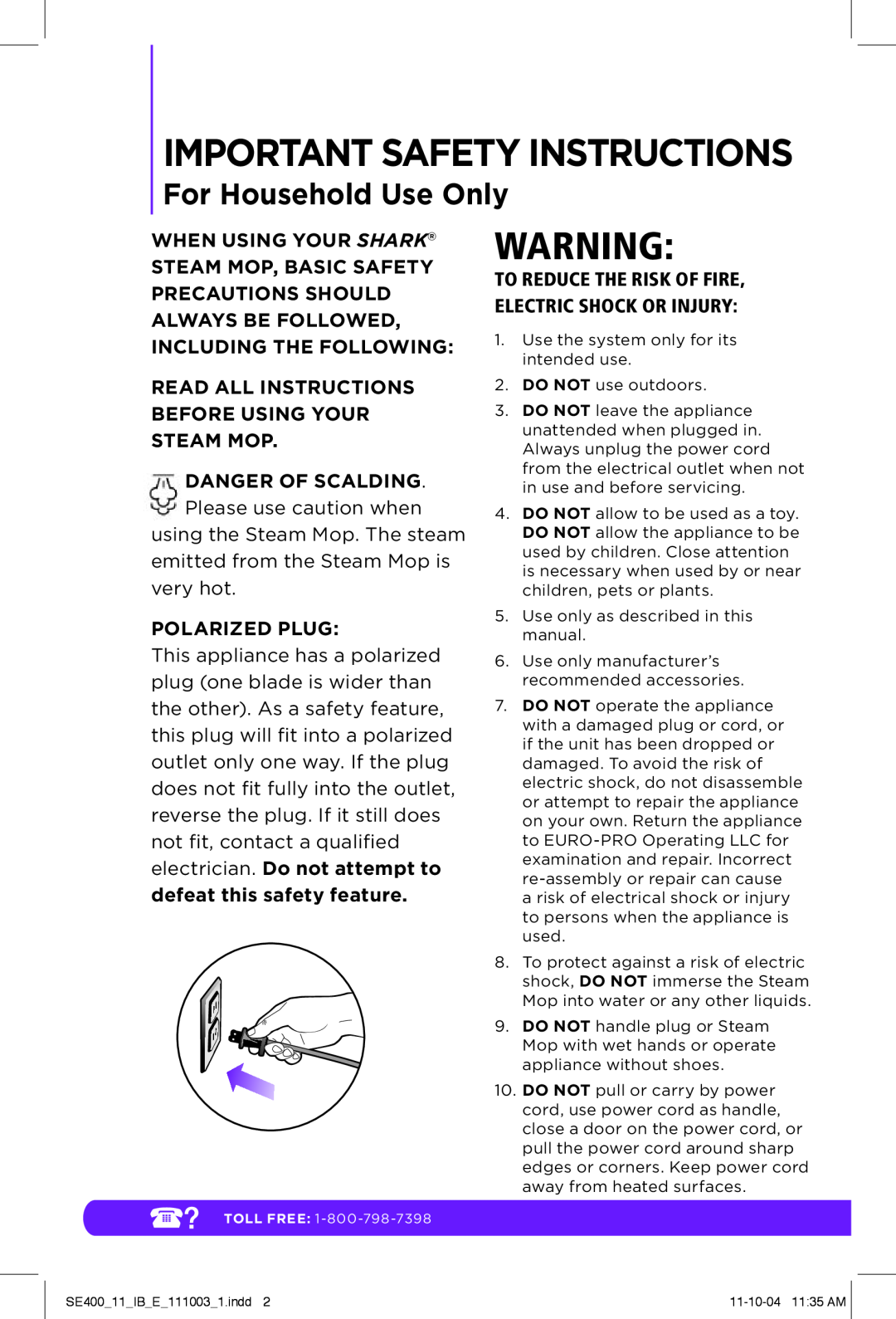 Shark SE400 manual Important Safety Instructions, Read All Instructions Before Using Your Steam Mop, Polarized Plug 