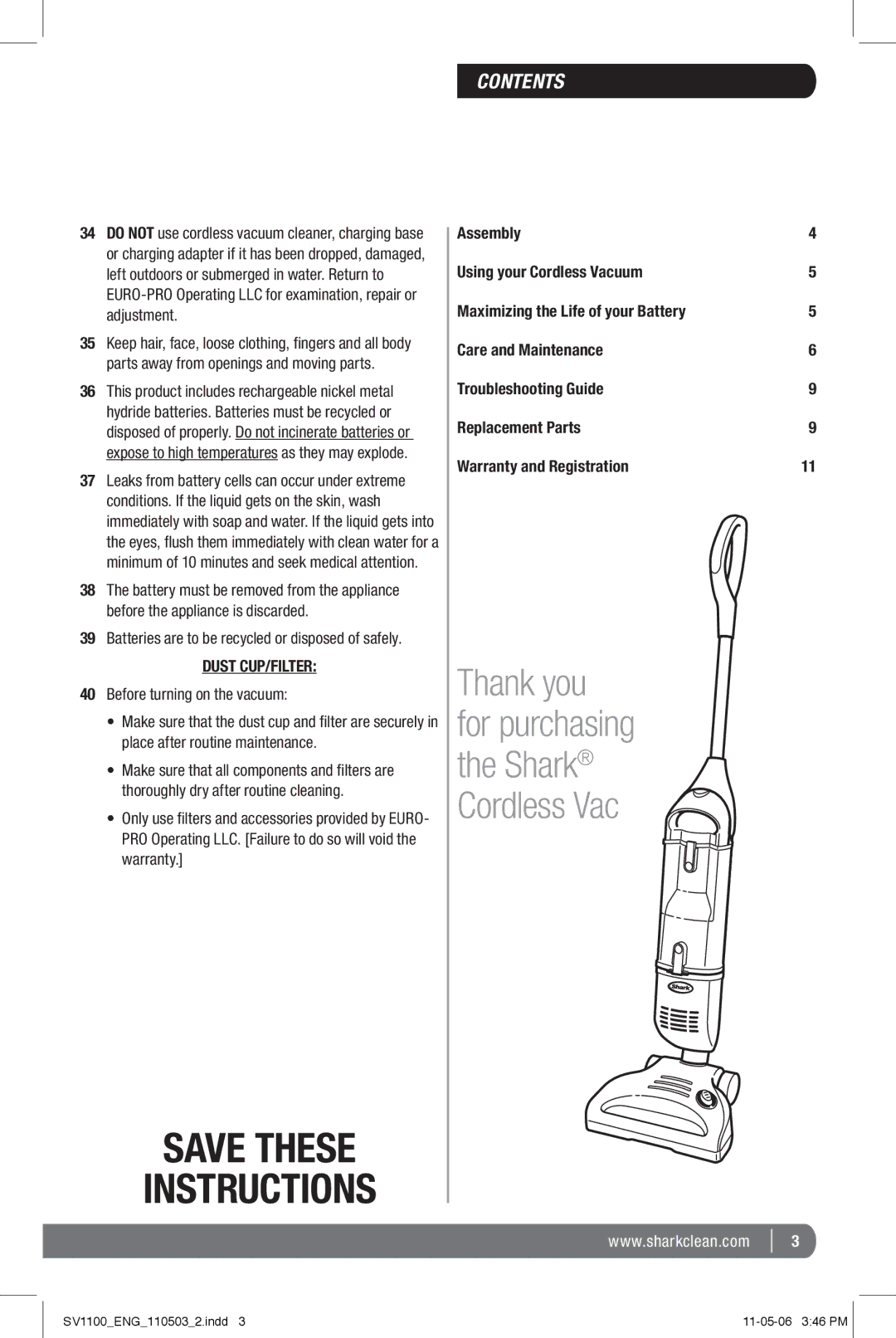 Shark SV1100 manual Save These Instructions, Contents 