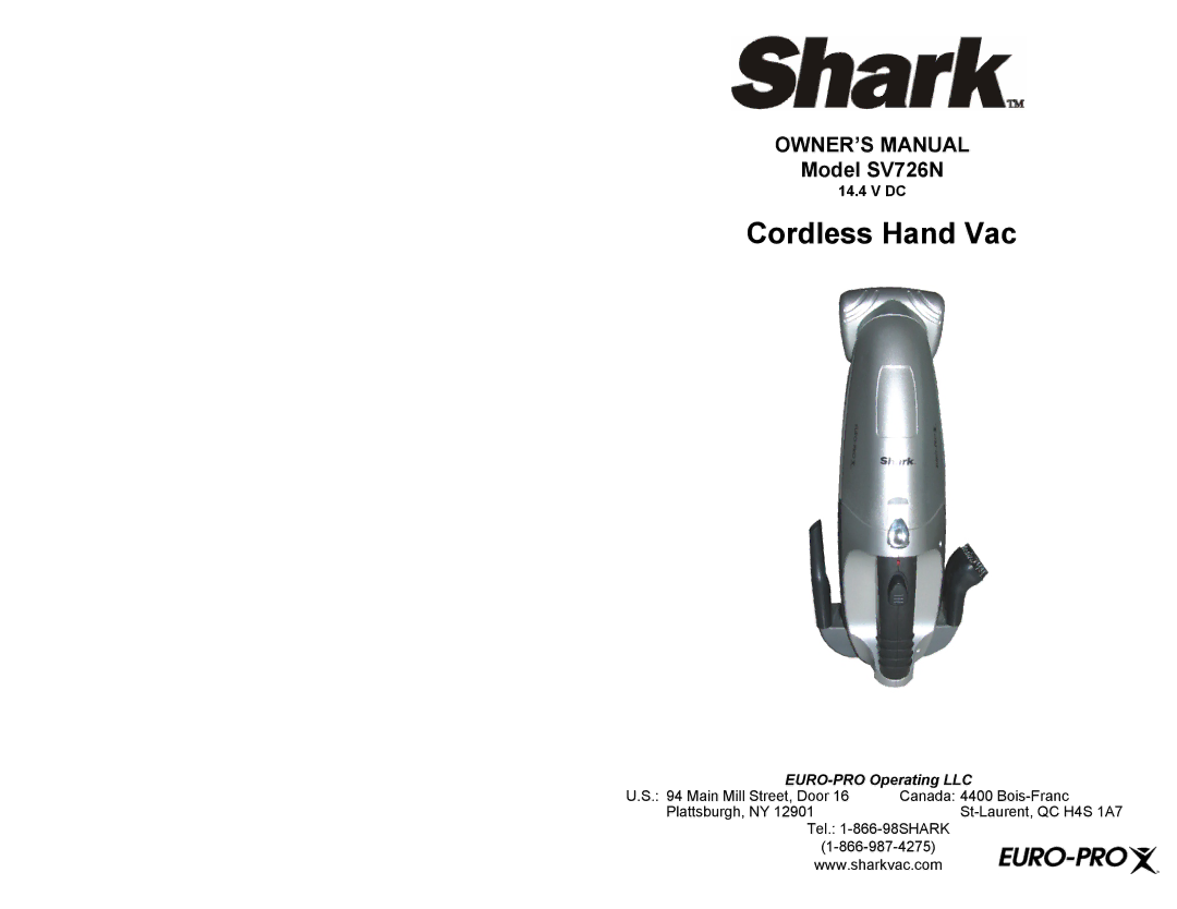 Shark SV726N owner manual Cordless Hand Vac 