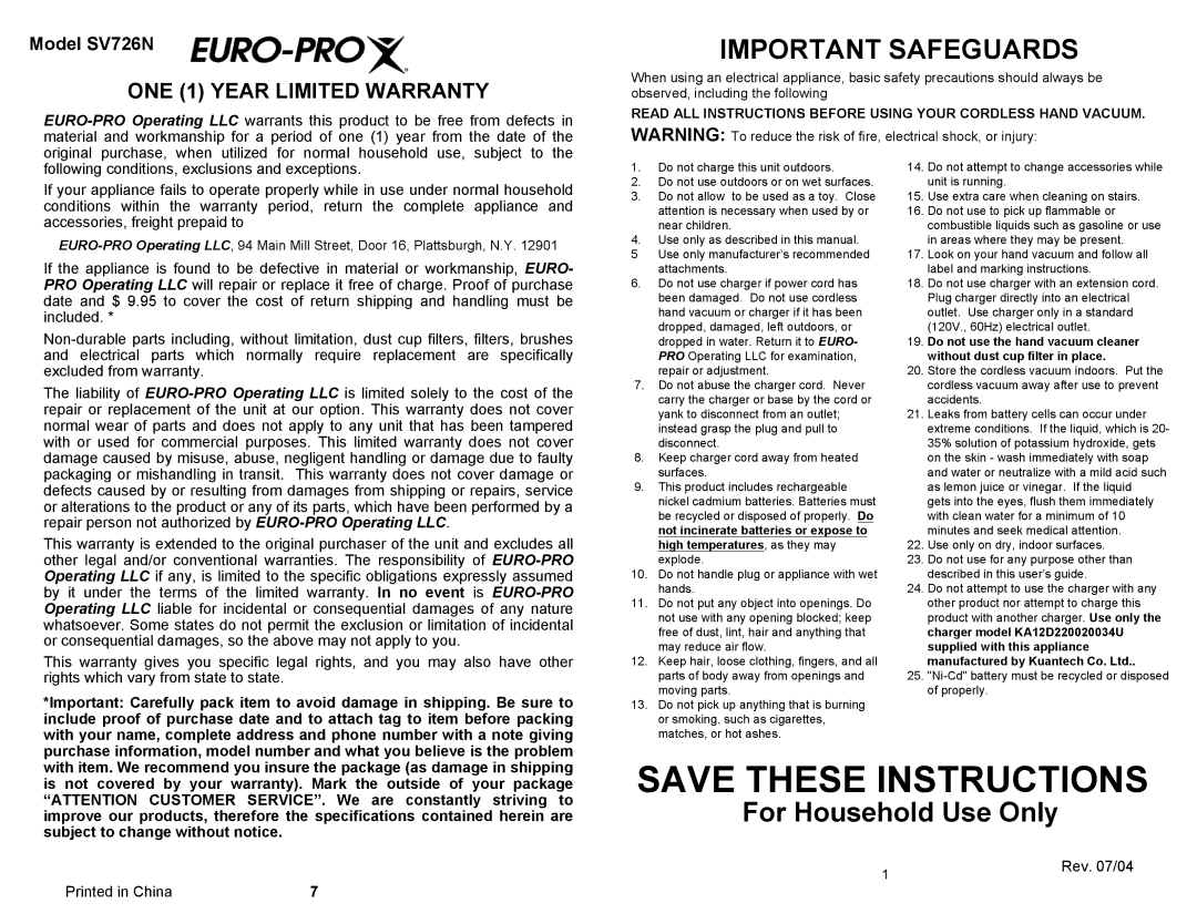 Shark SV726N owner manual Important Safeguards, ONE 1 Year Limited Warranty 