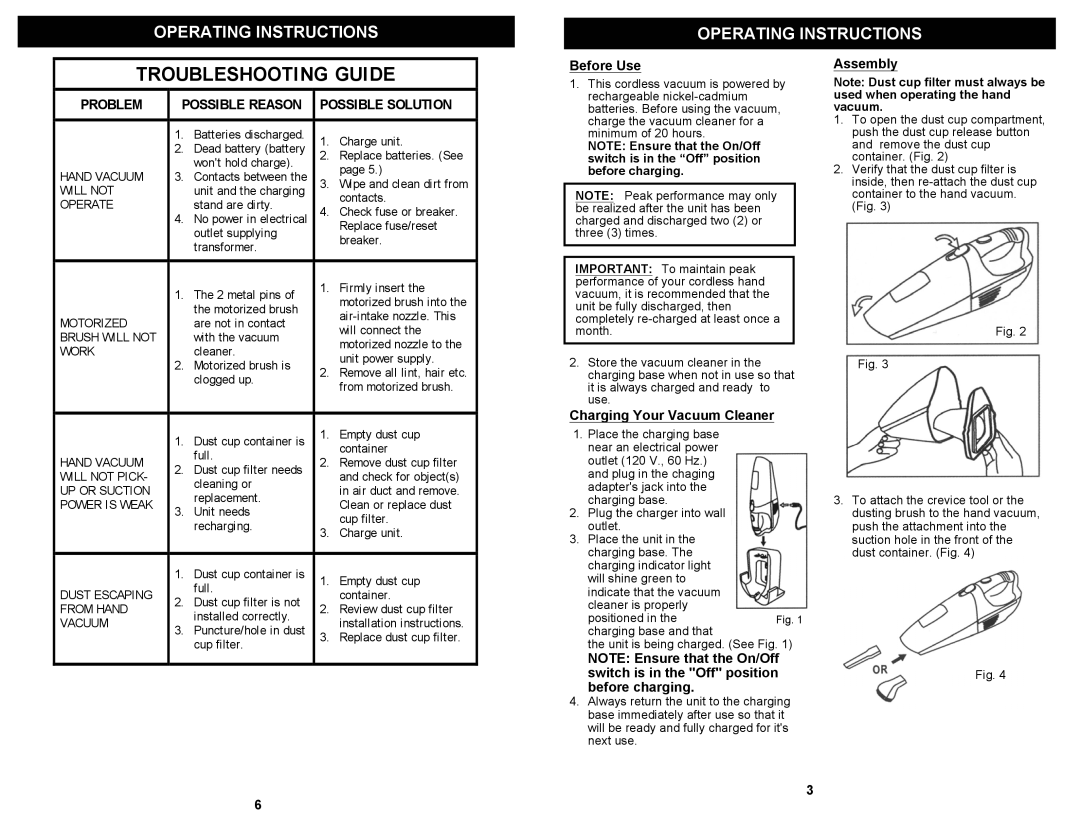 Shark SV726N owner manual Troubleshooting Guide, Before Use, Charging Your Vacuum Cleaner, Assembly 