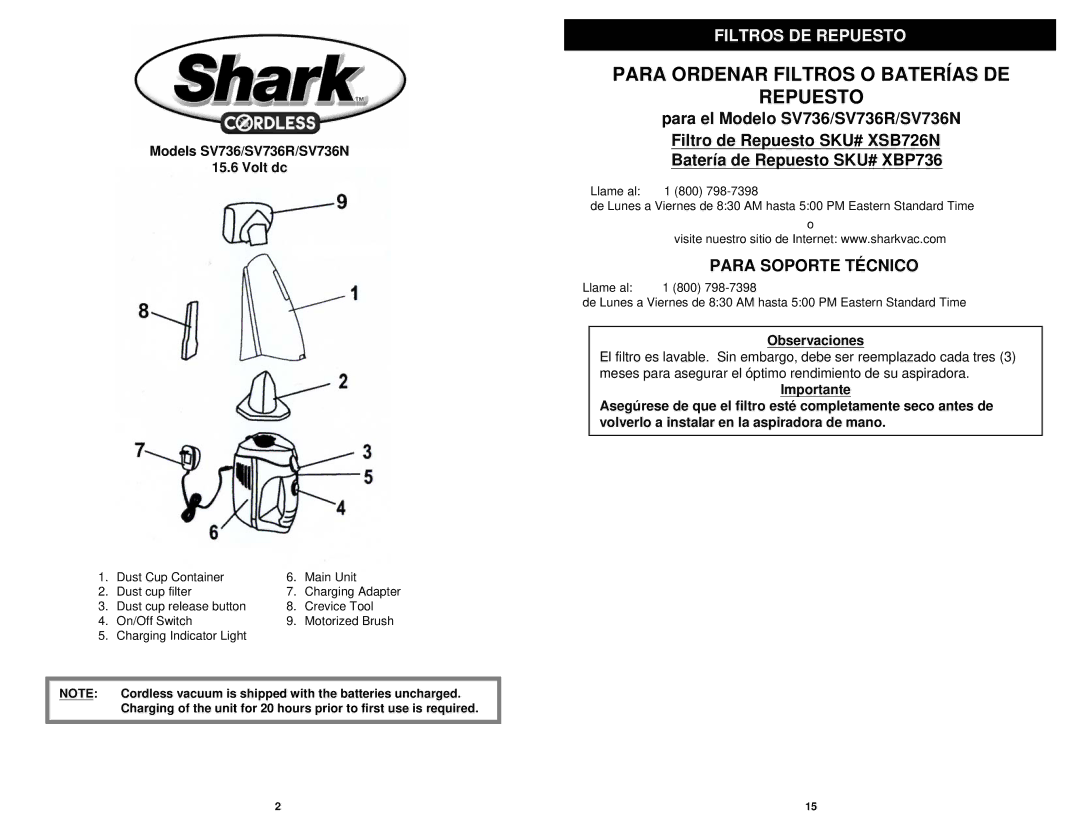 Shark manual Para Ordenar Filtros O Baterías DE Repuesto, Para Soporte Técnico, Models SV736/SV736R/SV736N Volt dc 