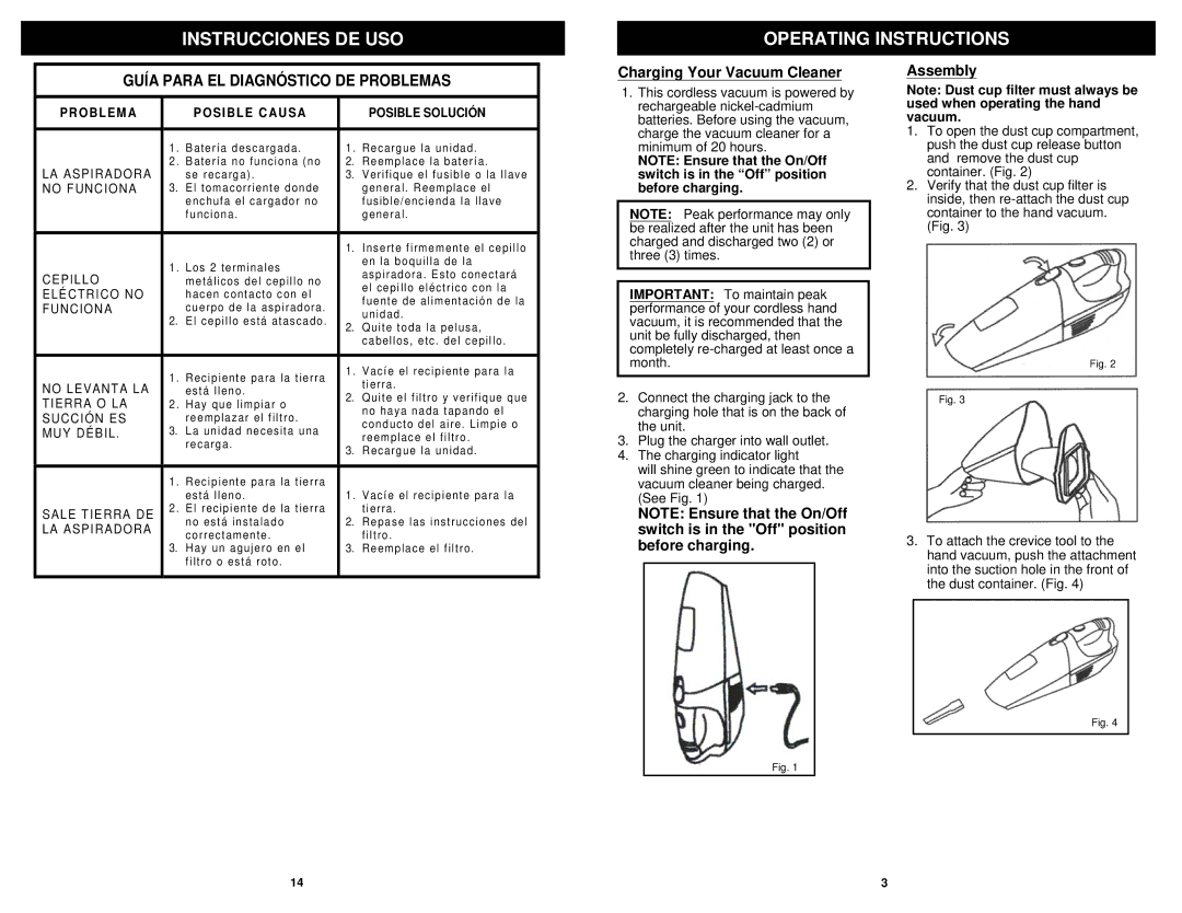 Shark SV736 manual Guía Para EL Diagnóstico DE Problemas, Charging Your Vacuum Cleaner, Assembly 