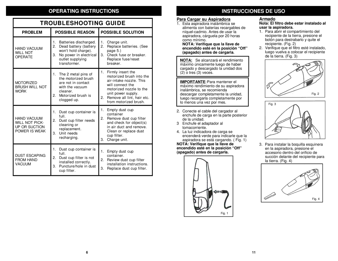 Shark SV736 manual Problem Possible Reason Possible Solution, Para Cargar su Aspiradora, Armado 