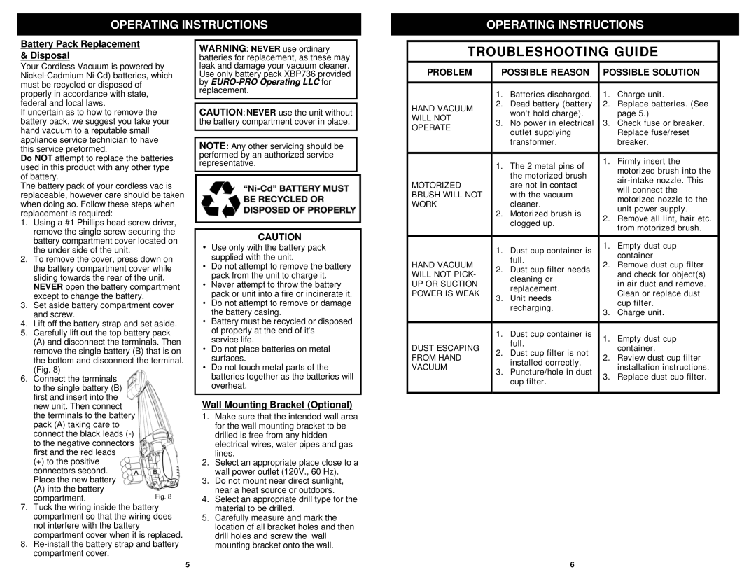 Shark SV736R, SV736N manual Battery Pack Replacement & Disposal, Wall Mounting Bracket Optional 