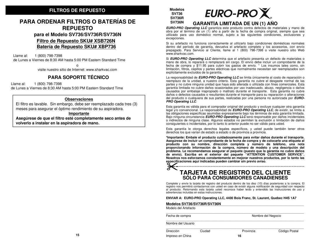 Shark manual Observaciones, Modelos SV736 SV736R, Modelos SV736/SV736R/SV736N 